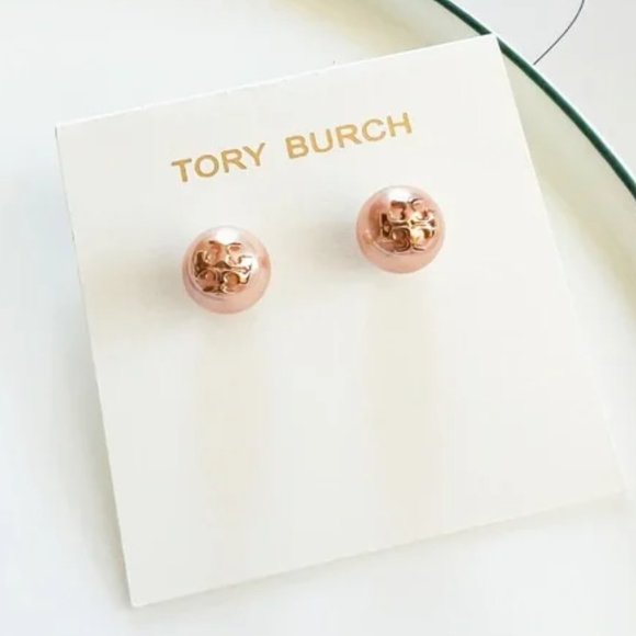 Tory Burch Jewelry - Rose Gold Tory Burch Logo Pearl Stud Earrings - Like New